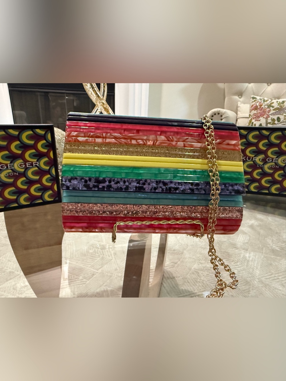Kurt Geiger Multicolor Striped Acrylic Crossbody Bag with Gold Chain - Picture 4 of 4